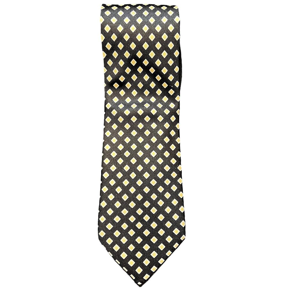 Brioni Silk Necktie Black Gold‎ Diamond Pattern Mens Luxury
